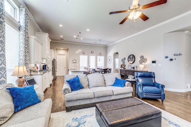 3300 Western Bluff Ct, Mansfield, TX 76063 - living area with arched walkways, light wood-type flooring, ceiling fan, recessed lighting, and crown molding