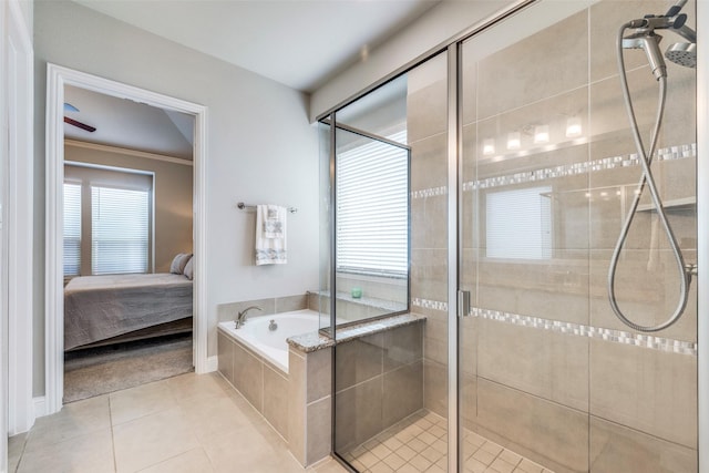 3300 Western Bluff Ct, Mansfield, TX 76063 - ensuite bathroom with a bath, a shower stall, tile patterned floors, and ornamental molding