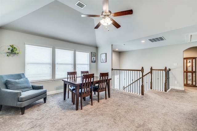 3300 Western Bluff Ct, Mansfield, TX 76063 - dining room with carpet, a ceiling fan, and lofted ceiling