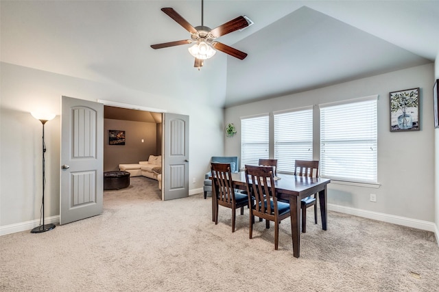 3300 Western Bluff Ct, Mansfield, TX 76063 - dining space featuring ceiling fan, carpet, plenty of natural light, and high vaulted ceiling