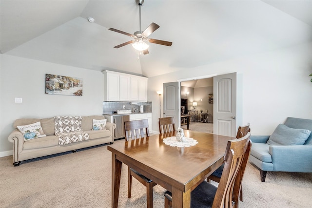 3300 Western Bluff Ct, Mansfield, TX 76063 - dining room with lofted ceiling, a ceiling fan, and light colored carpet
