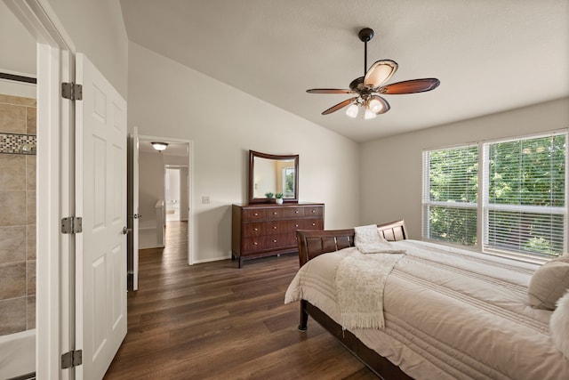 3312 John Ct N, Hurst, TX 76054 - bedroom with vaulted ceiling, dark wood-style floors, and ceiling fan