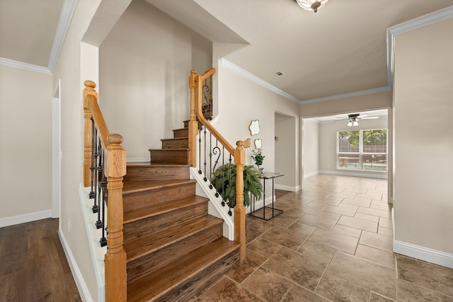 3312 John Ct N, Hurst, TX 76054 - stairs featuring ornamental molding and a ceiling fan