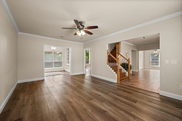 3312 John Ct N, Hurst, TX 76054 - unfurnished room with stairway, dark wood finished floors, a ceiling fan, and crown molding