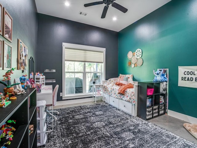 245 Vickie Ln, Gunter, TX 75058 - bedroom featuring concrete floors, recessed lighting, ceiling fan, and an accent wall