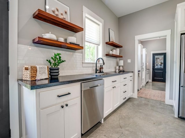 245 Vickie Ln, Gunter, TX 75058 - kitchen featuring dishwasher, open shelves, tasteful backsplash, finished concrete flooring, and dark countertops