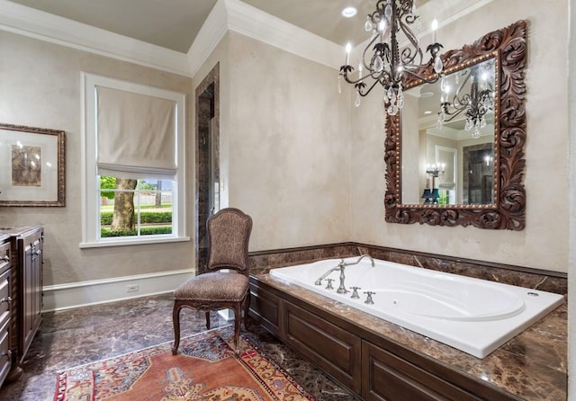 3048 Concord Pl, Tyler, TX 75701 - bathroom with crown molding, vanity, a jetted tub, and a chandelier