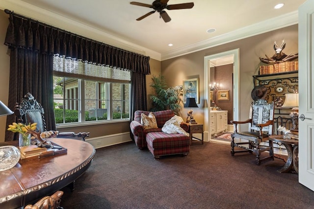 3048 Concord Pl, Tyler, TX 75701 - sitting room with carpet flooring, a ceiling fan, crown molding, and recessed lighting