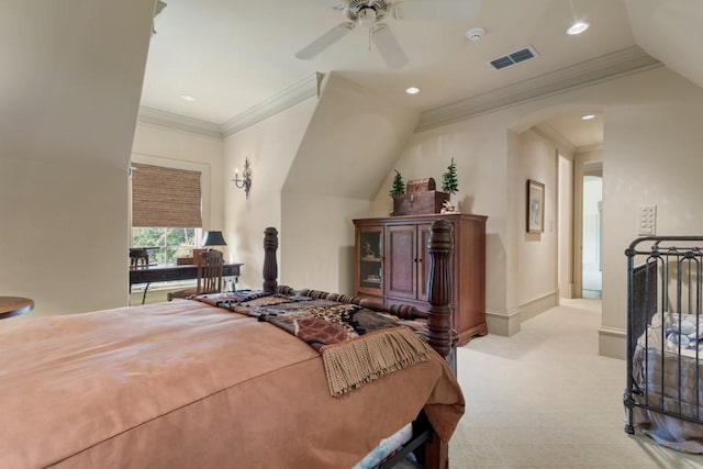 3048 Concord Pl, Tyler, TX 75701 - bedroom featuring light carpet, arched walkways, recessed lighting, crown molding, and a ceiling fan