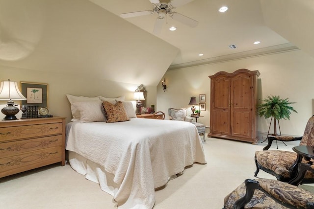 3048 Concord Pl, Tyler, TX 75701 - bedroom with light colored carpet, crown molding, recessed lighting, and ceiling fan