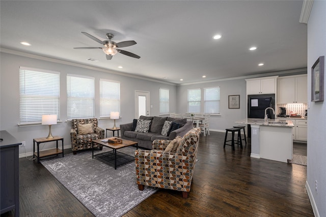 308 N 4th St, Gunter, TX 75058 - living room with crown molding, a ceiling fan, recessed lighting, and dark wood-style floors