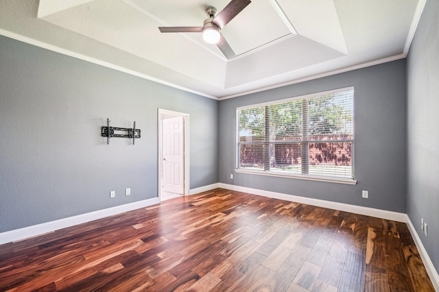 3900 Ironstone Ln, Mckinney, TX 75070 - unfurnished room with a raised ceiling, ceiling fan, wood finished floors, and crown molding