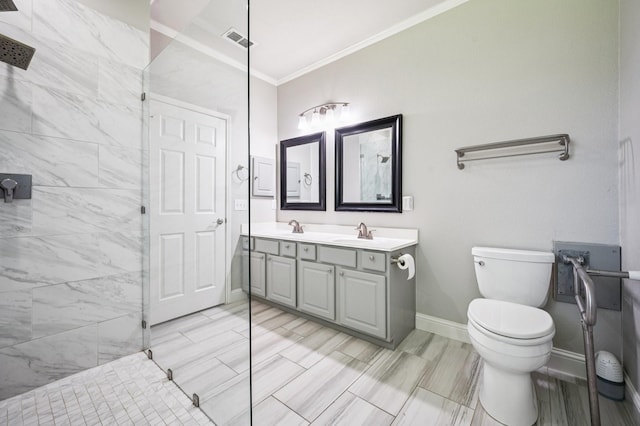 3900 Ironstone Ln, Mckinney, TX 75070 - bathroom featuring ornamental molding, double vanity, a tile shower, and wood finish floors