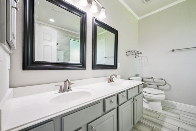 3900 Ironstone Ln, Mckinney, TX 75070 - bathroom featuring ornamental molding, double vanity, and a shower