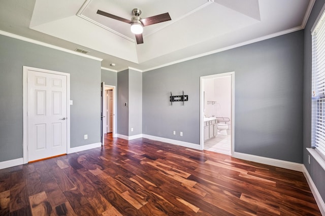 3900 Ironstone Ln, Mckinney, TX 75070 - empty room featuring a raised ceiling, wood finished floors, a ceiling fan, and crown molding