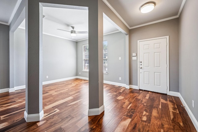 3900 Ironstone Ln, Mckinney, TX 75070 - entrance foyer featuring wood finished floors, ornamental molding, and a ceiling fan