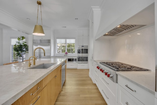 6819 Park Ln, Dallas, TX 75225 - kitchen with appliances with stainless steel finishes, ornamental molding, tasteful backsplash, light wood-style floors, and custom exhaust hood