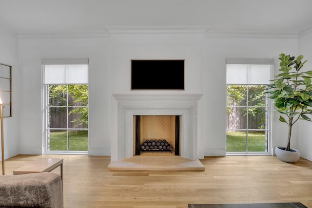 6819 Park Ln, Dallas, TX 75225 - unfurnished living room with a fireplace with raised hearth, wood finished floors, and ornamental molding