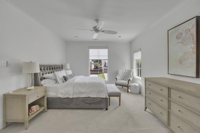 6819 Park Ln, Dallas, TX 75225 - bedroom with light colored carpet, crown molding, and a ceiling fan