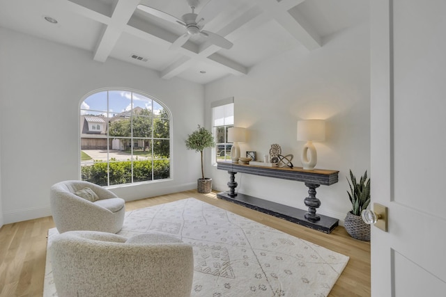 6819 Park Ln, Dallas, TX 75225 - sitting room featuring coffered ceiling, wood finished floors, beamed ceiling, and a ceiling fan
