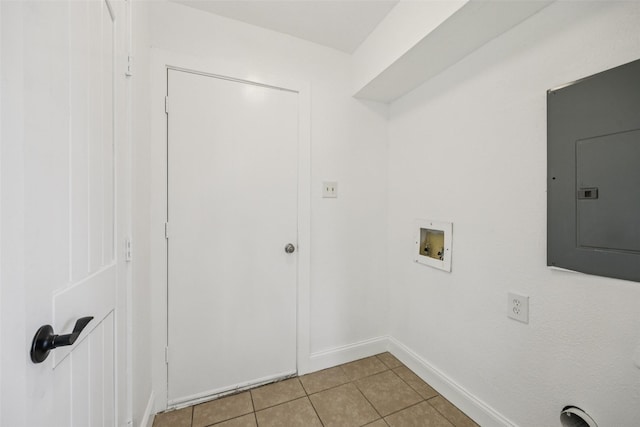 321 Malero Dr, Grand Prairie, TX 75051 - laundry room with electric panel, hookup for a washing machine, and light tile patterned floors