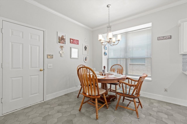 6749 Misty Hollow Dr, Plano, TX 75024 - dining space featuring ornamental molding, a chandelier, and light tile patterned floors