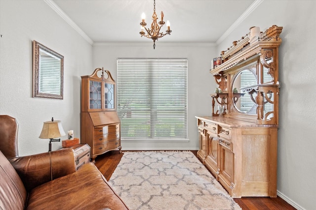 6749 Misty Hollow Dr, Plano, TX 75024 - office with dark wood-style flooring, crown molding, and a chandelier