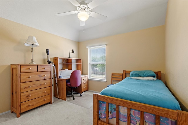 6749 Misty Hollow Dr, Plano, TX 75024 - bedroom featuring light carpet, a desk, ceiling fan, and vaulted ceiling