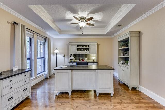 3008 Stone Bluff Ct, Arlington, TX 76017 - kitchen with open shelves, dark countertops, ornamental molding, a ceiling fan, and a tray ceiling