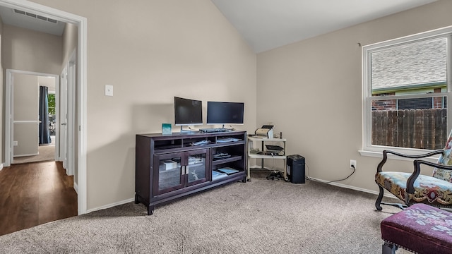 801 Lake Forest Trl, Little Elm, TX 75068 - living area featuring carpet flooring, vaulted ceiling, and a desk