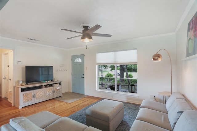 1714 O Pl, Plano, TX 75074 - living area featuring light wood-style floors, ornamental molding, and a ceiling fan