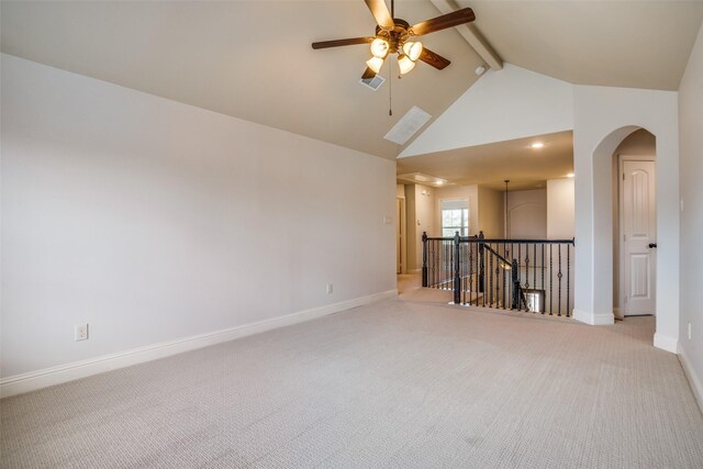 905 Brendan Dr, Little Elm, TX 75068 - empty room featuring ceiling fan, beamed ceiling, carpet flooring, and high vaulted ceiling