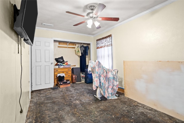 1106 Melrose St, Garland, TX 75040 - bedroom with a closet, ornamental molding, and a ceiling fan