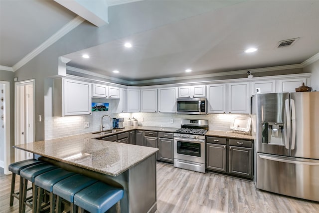 205 N Weatherred Dr, Richardson, TX 75080 - kitchen featuring appliances with stainless steel finishes, light wood finished floors, light stone counters, crown molding, and decorative backsplash