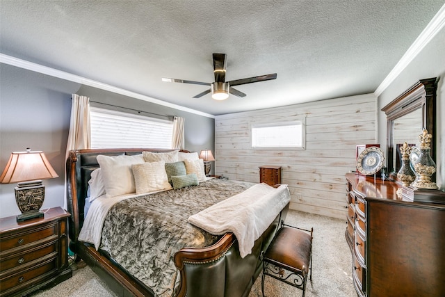 205 N Weatherred Dr, Richardson, TX 75080 - bedroom with multiple windows, light colored carpet, wood walls, ornamental molding, and a textured ceiling