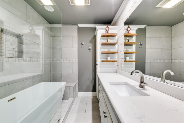 205 N Weatherred Dr, Richardson, TX 75080 - bathroom with vanity, crown molding, a freestanding bath, and tile patterned flooring