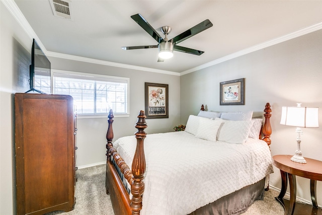 205 N Weatherred Dr, Richardson, TX 75080 - bedroom with carpet flooring, crown molding, and a ceiling fan