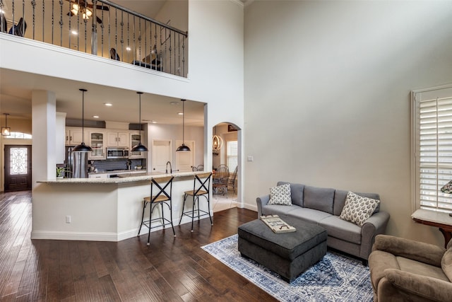 824 Mist Flower Dr, Little Elm, TX 75068 - living area featuring arched walkways, healthy amount of natural light, dark wood-style flooring, and a high ceiling