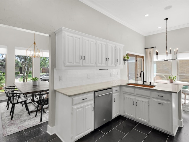 3813 Fall Wheat Dr, Plano, TX 75075 - kitchen featuring a chandelier, dishwasher, healthy amount of natural light, a peninsula, and crown molding