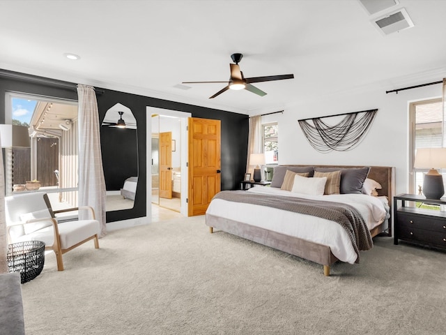 3813 Fall Wheat Dr, Plano, TX 75075 - bedroom with carpet, crown molding, ensuite bathroom, a ceiling fan, and access to exterior