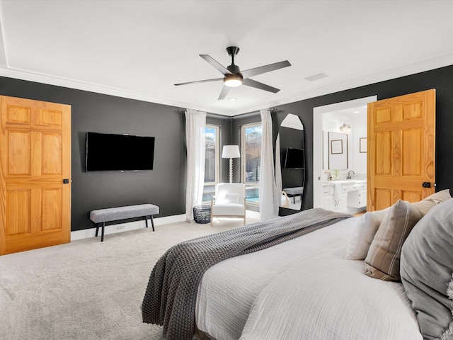 3813 Fall Wheat Dr, Plano, TX 75075 - bedroom with ornamental molding, carpet, a ceiling fan, and ensuite bathroom