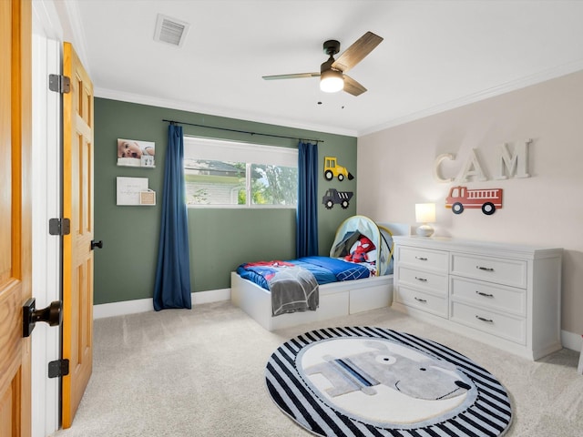 3813 Fall Wheat Dr, Plano, TX 75075 - bedroom with light carpet, ornamental molding, and ceiling fan
