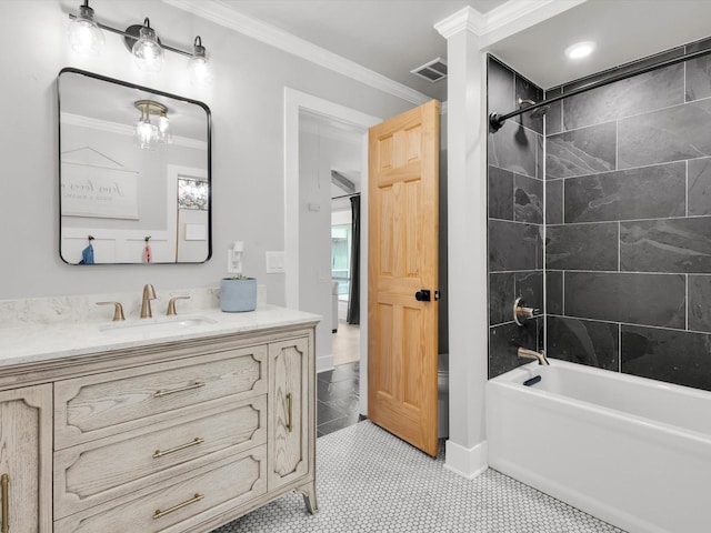 3813 Fall Wheat Dr, Plano, TX 75075 - full bathroom featuring vanity, crown molding, and bathtub / shower combination