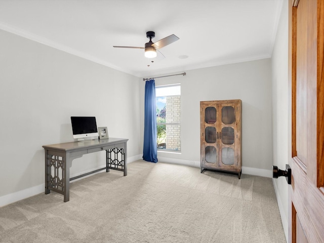 3813 Fall Wheat Dr, Plano, TX 75075 - home office featuring carpet floors, ornamental molding, and a ceiling fan