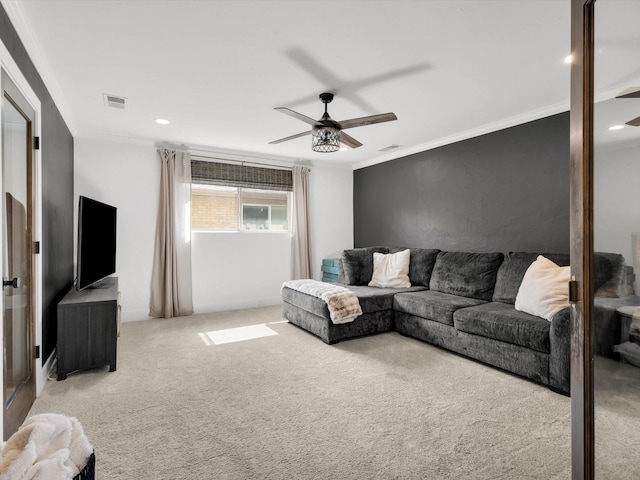 3813 Fall Wheat Dr, Plano, TX 75075 - carpeted living room featuring ceiling fan, crown molding, and recessed lighting