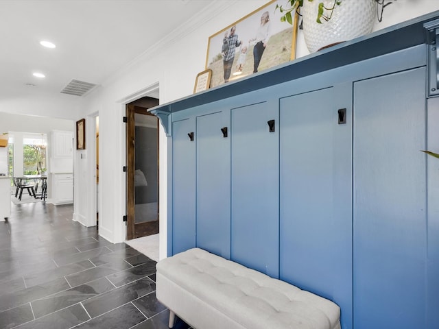 3813 Fall Wheat Dr, Plano, TX 75075 - mudroom featuring recessed lighting and crown molding