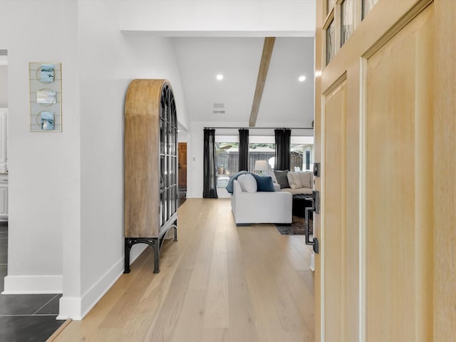 3813 Fall Wheat Dr, Plano, TX 75075 - hallway featuring beam ceiling, light wood finished floors, french doors, and recessed lighting