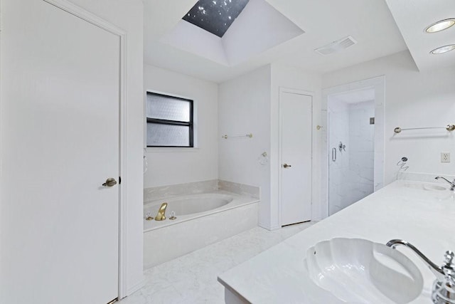 7254 Hialeah Cir W, North Richland Hills, TX 76182 - full bath featuring a bath, double vanity, a shower stall, recessed lighting, and marble finish flooring