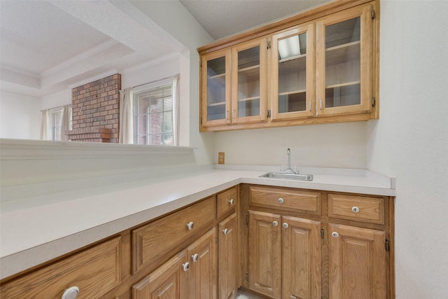 11275 Old Military Trl, Forney, TX 75126 - kitchen featuring light countertops, a tray ceiling, ornamental molding, glass insert cabinets, and brown cabinets