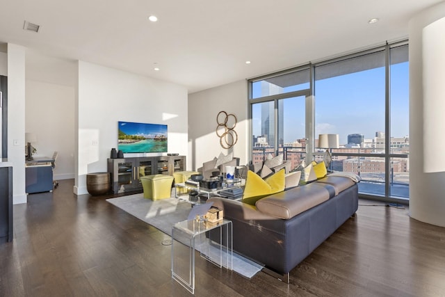 2200 Victory Ave Unit 1105, Dallas, TX 75219 - living area with wood finished floors, a wall of windows, and recessed lighting